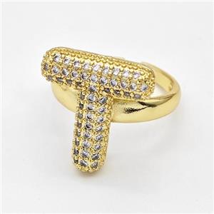 Copper Ring Pave Zirconia Letter-T Gold Plated, approx 14-19mm, 18mm dia