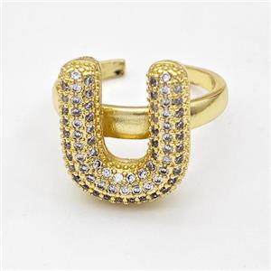 Copper Ring Pave Zirconia Letter-U Gold Plated, approx 14-19mm, 18mm dia