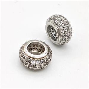 Copper Rondelle Beads Micro Pave Zirconia Large Hole Platinum Plated, approx 10mm, 5mm hole