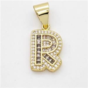 Copper Pendant Pave Zirconia Letter-R Gold Plated, approx 13-18mm