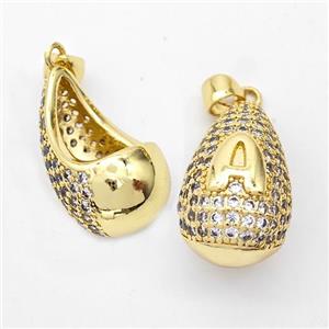 Copper Teardrop Pendant Pave Zirconia Letter-A Hollow Gold Plated, approx 14-24mm