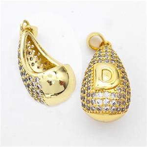 Copper Teardrop Pendant Pave Zirconia Letter-D Hollow Gold Plated, approx 14-24mm