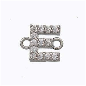 Copper Connector Pave Zirconia Letter-E Platinum Plated, approx 8-9mm