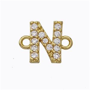 Copper Connector Pave Zirconia Letter-N Gold Plated, approx 8-9mm