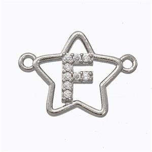 Copper Star Pendant Pave Zirconia Letter-F Platinum Plated, approx 16mm