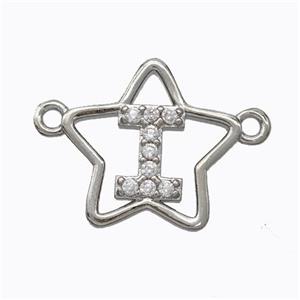 Copper Star Pendant Pave Zirconia Letter-I Platinum Plated, approx 16mm