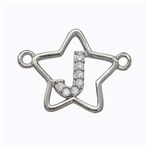 Copper Star Pendant Pave Zirconia Letter-J Platinum Plated, approx 16mm