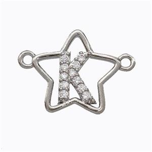 Copper Star Pendant Pave Zirconia Letter-K Platinum Plated, approx 16mm