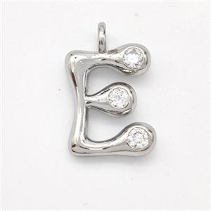 Copper Letter-E Pendant Pave Zirconia Platinum Plated, approx 15-18mm