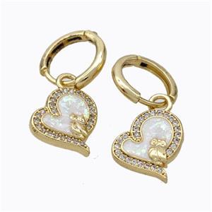 Copper Heart Hoop Earrings Pave Zirconia Fire Opal 18K Gold Plated, approx 13mm, 12mm dia