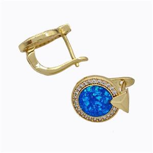 Copper Circle Latchback Earrings Pave Zirconia Blue Fire Opal 18K Gold Plated, approx 11.5mm