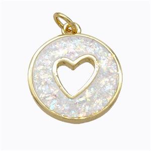 Copper Heart Pendant Pave White Fire Opal Circle 18K Gold Plated, approx 16mm