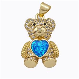 Copper Bear Pendant Micropave Zirconia Blue Fire Opal Heart 18K Gold Plated, approx 15-20mm