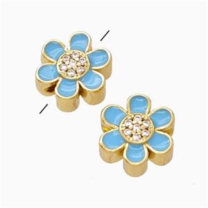 Copper Flower Beads Micropave Zirconia Blue Enamel Gold Plated, approx 10mm