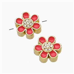 Copper Flower Beads Micropave Zirconia Red Enamel Gold Plated, approx 10mm