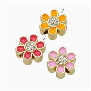 Copper Flower Beads Micropave Zirconia Enamel Gold Plated Mixed, approx 10mm