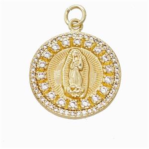 Virgin Mary Charms Copper Pendant Pave Zirconia Circle Gold Plated, approx 18.5mm