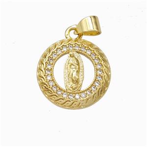 Virgin Mary Charms Copper Pendant Pave Zirconia Circle Gold Plated, approx 15mm