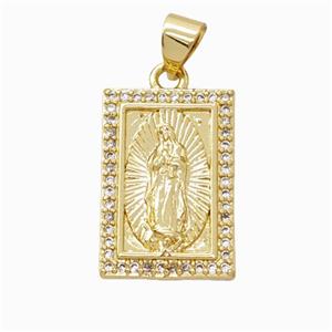 Virgin Mary Charms Copper Rectangle Pendant Pave Zirconia Gold Plated, approx 12-18mm