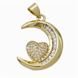 Copper Moon Pendant Pave Zirconia Heart Gold Plated, approx 17-20mm