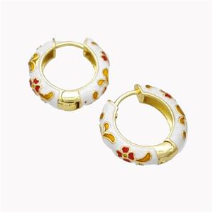 Copper Hoop Earrings White Enamel Flower Gold Plated, approx 20mm