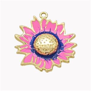 Copper Sunflower Pendant Pink Enamel Gold Plated, approx 25-27mm