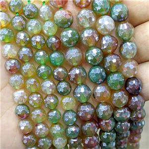 Natural Agate Beads Green Red Dye Faceted Round Electroplated, approx 12mm dia