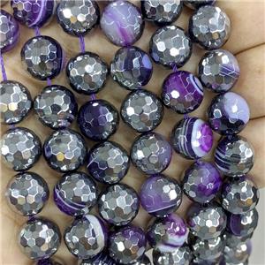 Natural Stripe Agate Beads Faceted Round Purple Dye Platinum Plated, approx 12mm dia