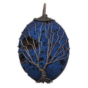 blue Agate Druzy oval pendant wire warpped tree of life, approx 32-45mm