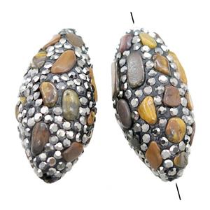 Clay rice beads paved rhinestone with tiger eye stone, approx 15-32mm