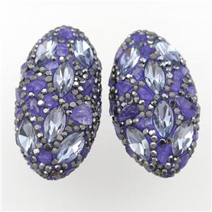 Clay oval beads paved rhinestone with amethyst, approx 20-40mm