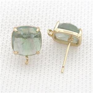 Copper Stud Earring Pave Green Fluorite Square Gold Plated, approx 11mm