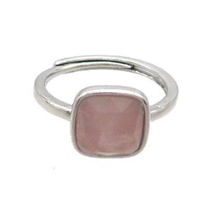 Copper Ring Pave Pink Rose Quartz Square Adjustable Platinum Plated, approx 10mm, 18mm dia