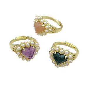 Copper Heart Rings Pave Gemstone Pearlized Resin Mixed Adjustable Gold Plated, approx 18mm, 18mm dia