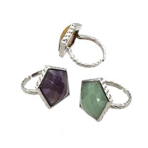Natural Gemstone Pentagon Rings Copper Shield Adjustable Platinum Plated Mixed, approx 18-20mm, 18mm dia