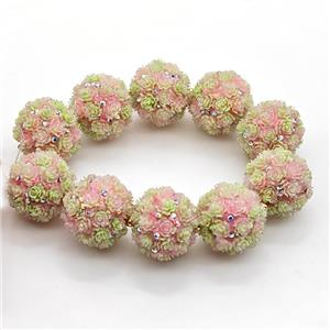 Resin Round Beads Pave Rhinestone Flower Pink, approx 22mm dia
