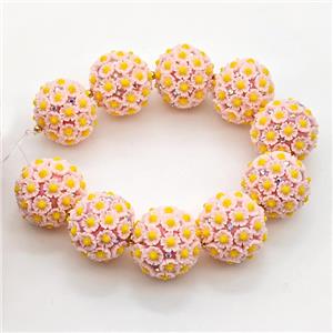 Resin Round Beads Pave Rhinestone Flower Yellow, approx 22mm dia