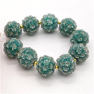 Resin Round Beads Pave Rhinestone Flower Green, approx 22mm dia