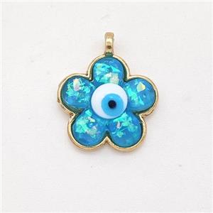 Copper Flower Pendant Pave Aqua Fire Opal Eye Gold Plated, approx 15mm