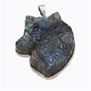 Natural Labradorite Wolf Pendant Carved, approx 30mm