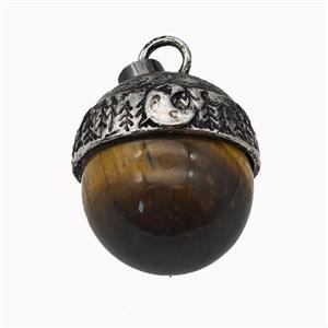 Natural Tiger Eye Stone Sphere Pendant Alloy Antique Silver, approx 18mm