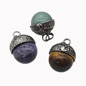 Natural Gemstone Sphere Pendant Alloy Antique Silver Mixed, approx 18mm