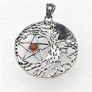 Alloy Tree Of Life Pendant Pave Black Druzy Moon Red Agate Star Antique Silver, approx 40mm