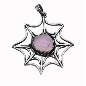 Alloy Spiderweb Pendant Pave Rose Quartz Antique Silver, approx 12mm, 40-45mm