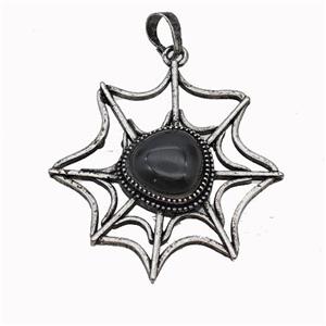 Alloy Spiderweb Pendant Pave Black Obsidian Antique Silver, approx 12mm, 40-45mm