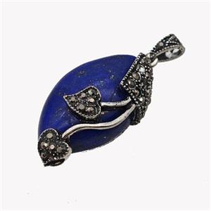 Natural Lapis Lazuli Leaf Pendant Blue Dye Alloy Pave Rhinestone Antique Silver, approx 15-25mm