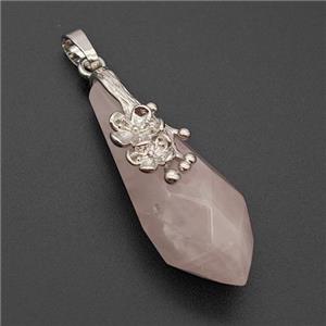 Natural Pink Rose Quartz Teardrop Pendant Alloy Flower Antique Silver, approx 15-40mm