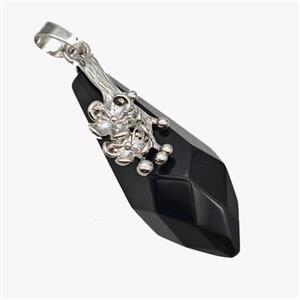 Natural Black Obsidian Teardrop Pendant Alloy Flower Antique Silver, approx 15-40mm