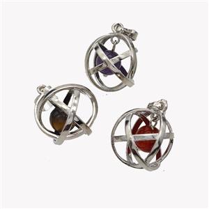 Alloy Sphere Pendant With Gemstone Platinum Plated Mixed, approx 18mm