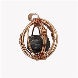 Copper Sphere Pendant With Black Obsidian Nugget Wire Wrapped Rose Gold, approx 30mm